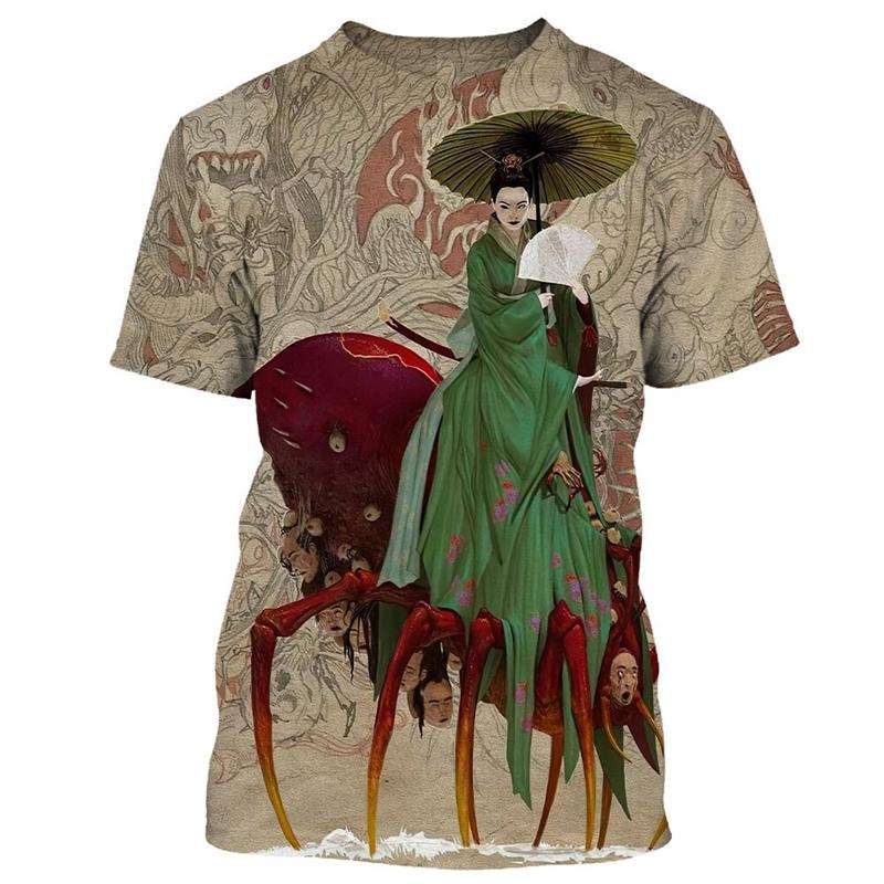 T-shirt Geisha Guerriera Giapponese Girocollo Manica Corta Stampa 3D Personalità Vintage Tendenza Stile Harajuku T-shirt da Uomo