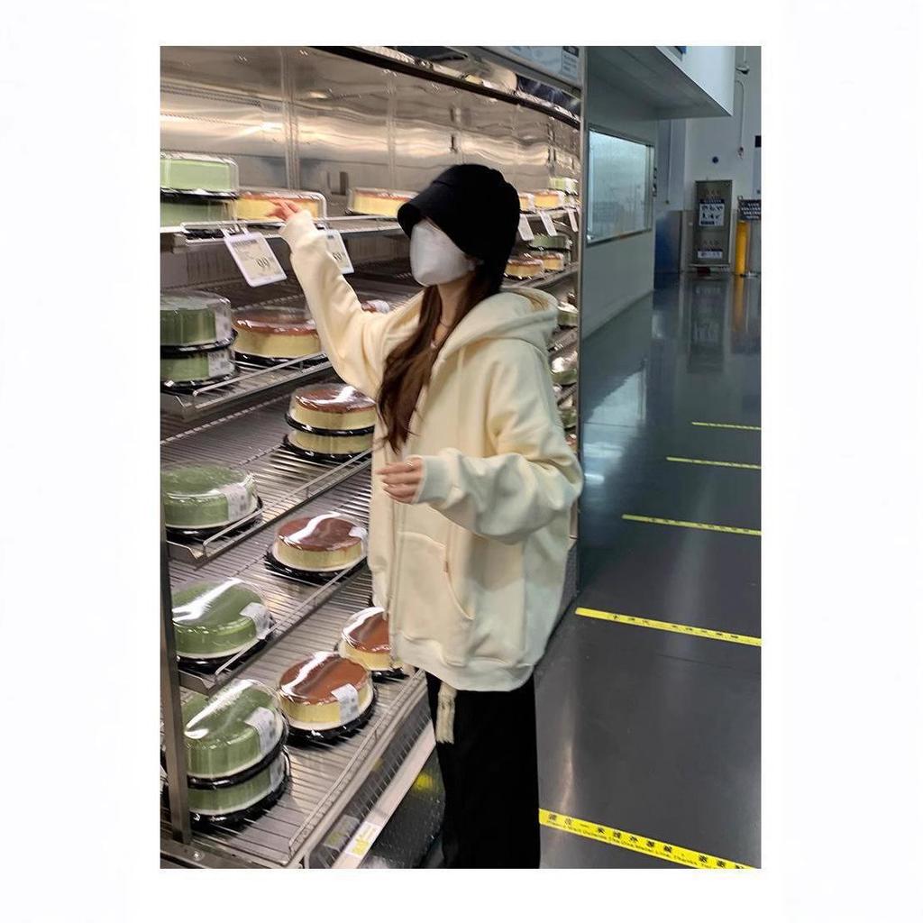 Women's Oversize Milk Apricot Zipper Hoodie - Heavyweight Fish Scale Cardigan for Early Autumn