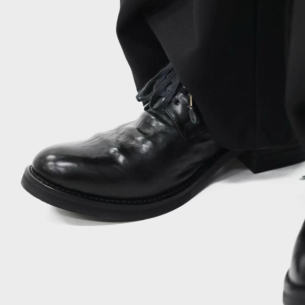 Pánské černé prané kožené boty Derby – Trendy, zvrásněný, špičatý design