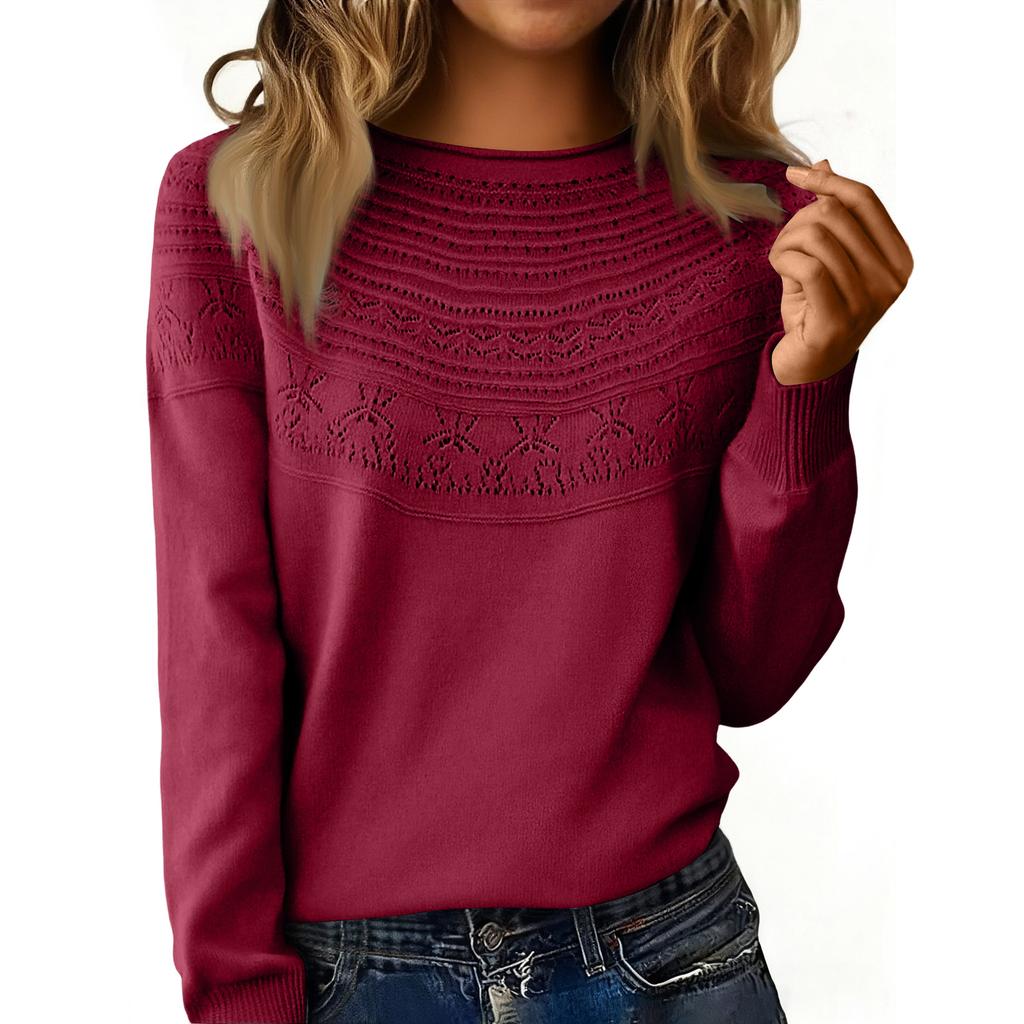 Women's Fashion Rolled-Collar Round Neck Lace-Up Pullover Knit Sweater Long Sleeve Solid Color Sweater