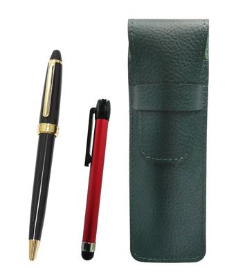Moosgrünes genarbtes Leder Stifteetui mit rotem Metall-Touchstift und Neo Kugelschreiber Set 2er-Pack D-600 (Schwarz) SASMG-ALR-600B-B-2