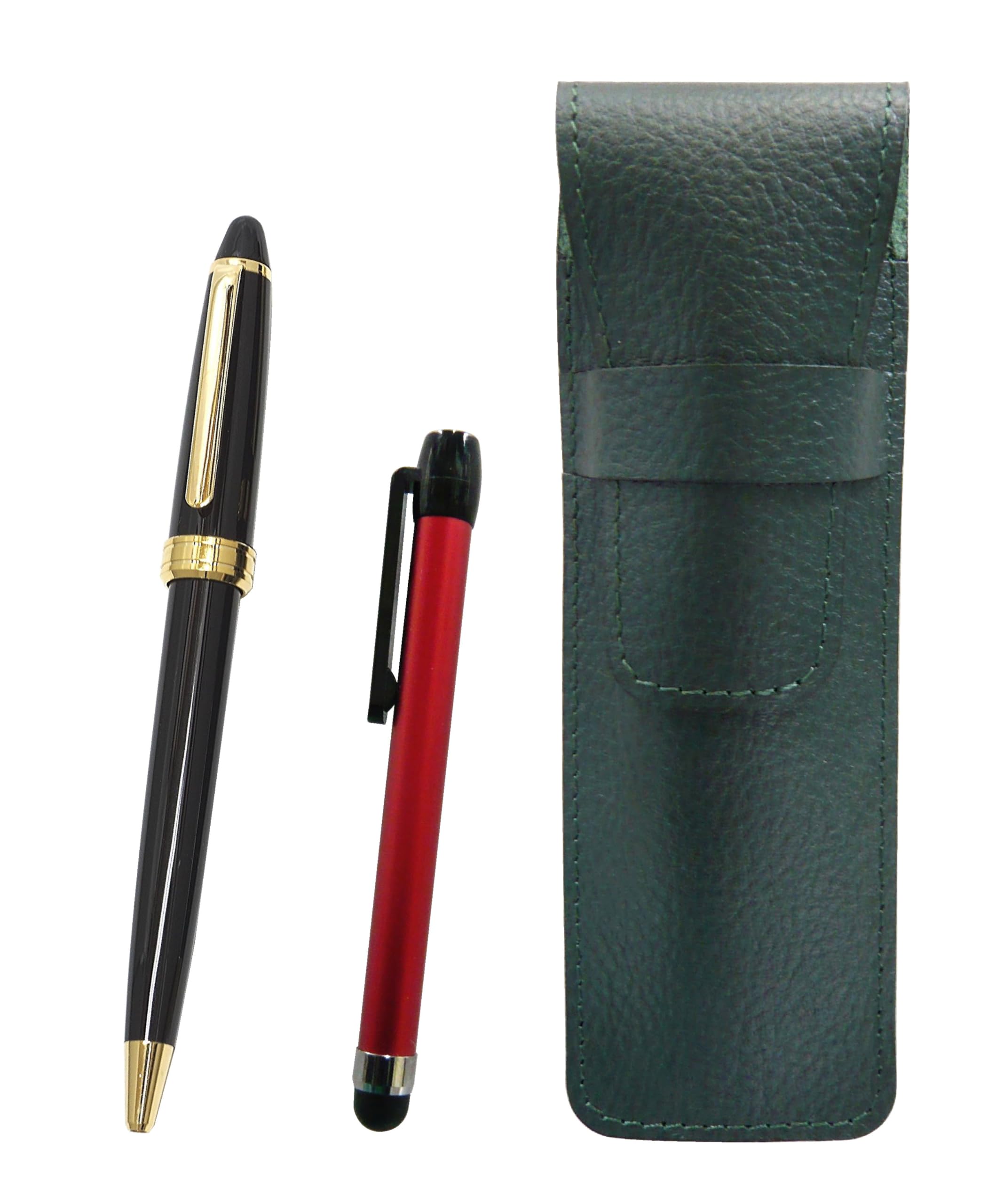 

2 Pack Grained Leather Pencil Case Moss Green Metal Touch Stick Red and Neo Ballpoint Pen Set Black D-600 SASMG-ALR-600B-B-2