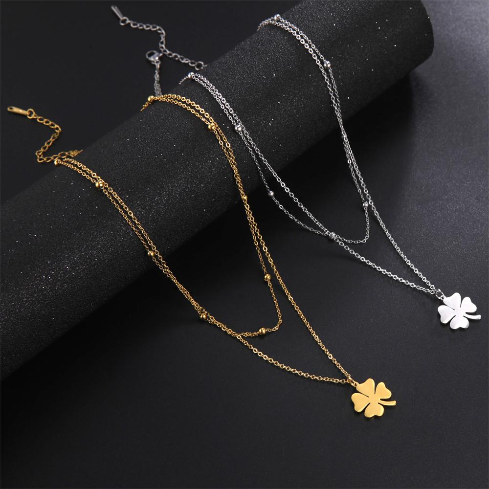 Cazador 2025 Lucky Clover Pendant Necklace Stainless Steel Gold Color Double Layer Chain Necklaces for Women Girls Jewelry Gift