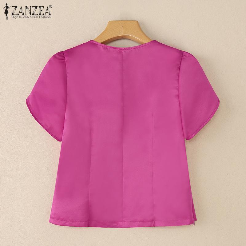 ZANZEA Women Casual V-Neck Summer Short Sleeve Satin Blouse