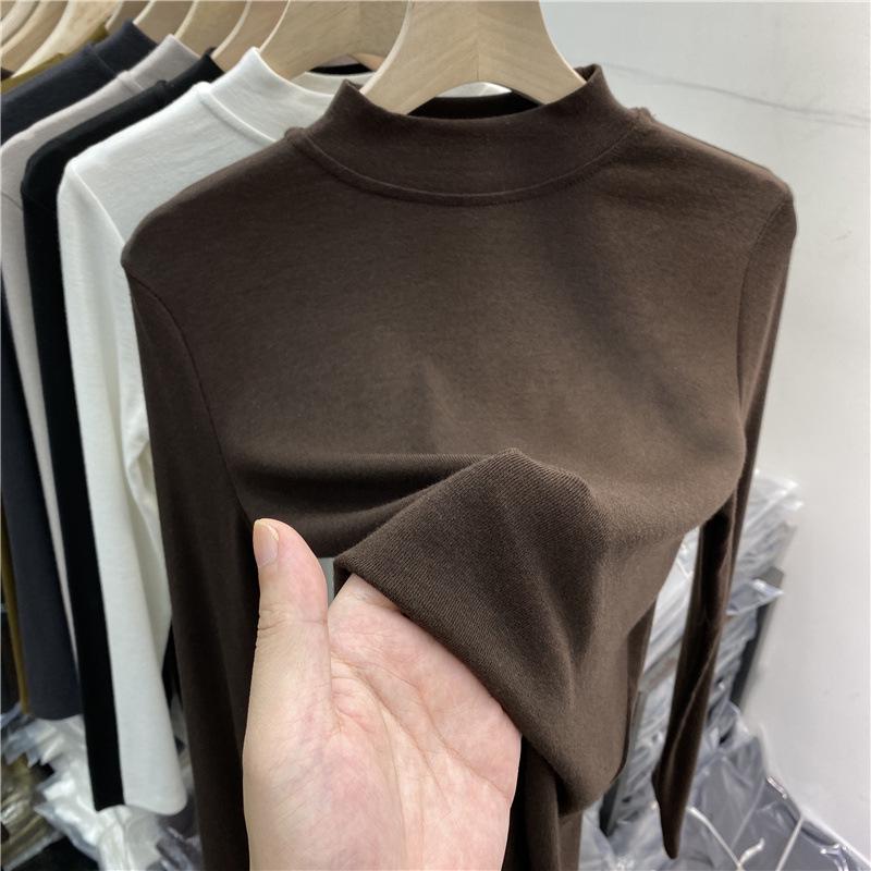 Women's Brushed Fleece-Lined Cotton Stand-Up Collar T-Shirt, Long-Sleeve, 2025 Autumn/Winter Collection