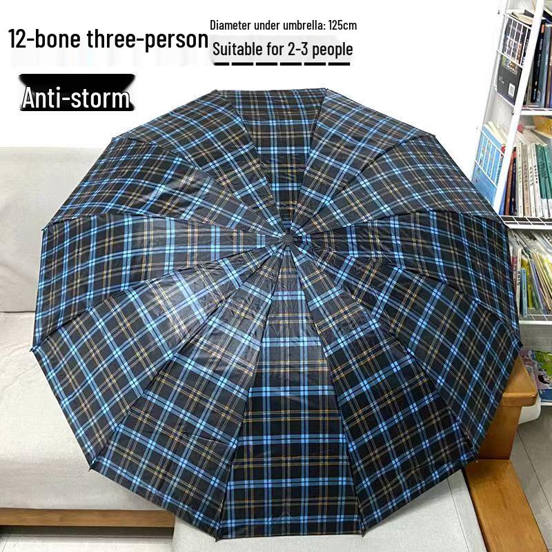 Extra Large Ten-Bone Water-Repellent Plaid Umbrella - British Style for Men & Women, Double/Triple Use