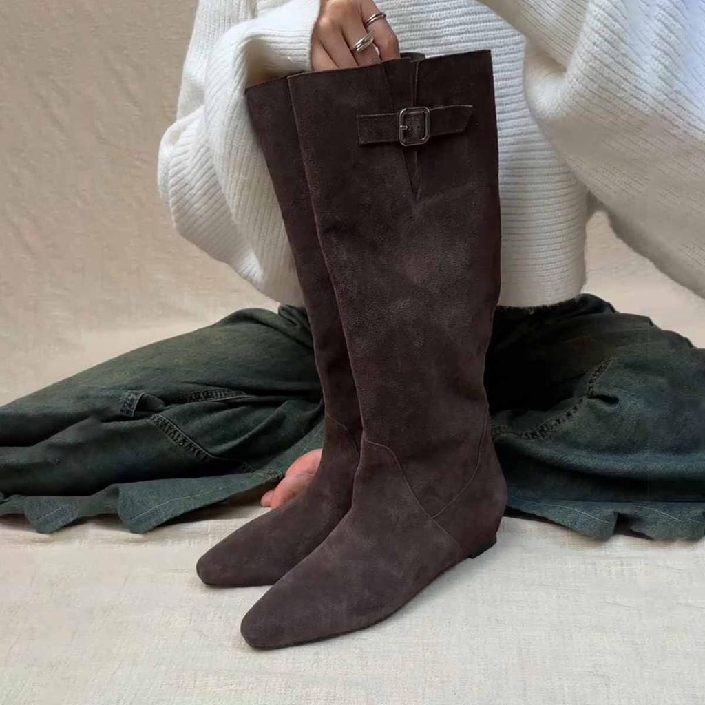 Retro Brown Inner Height Increase Matte Leather Knight Boots Women's 2025 New Belt Buckle But Knee Folds Two Wear Boots