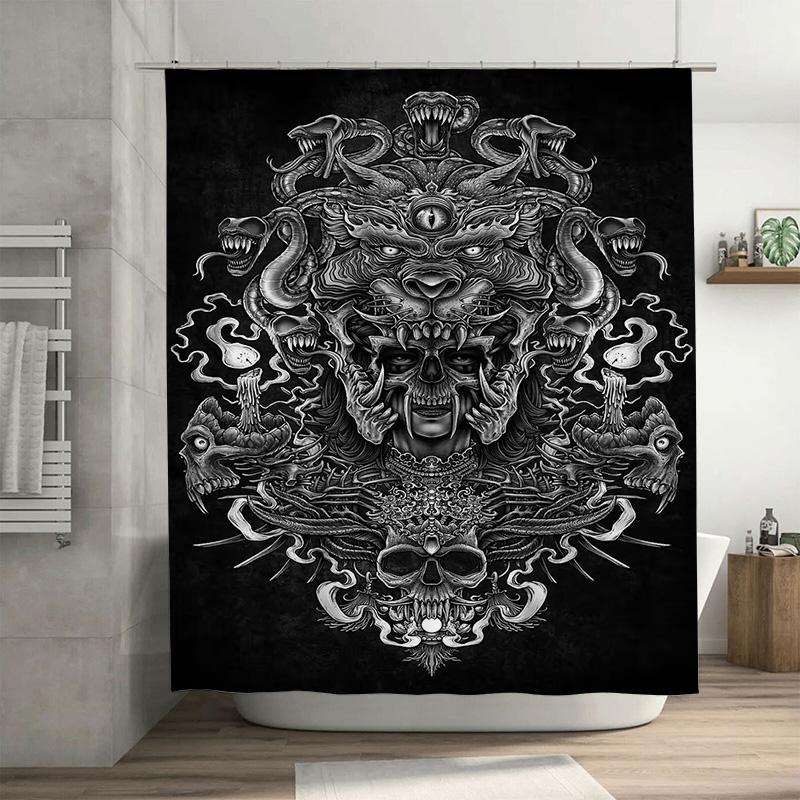 

High-Quality Gothic Horror Print Shower Curtains For Bathroom Decoration Skulls Monsters Design Black Background (84X72In) W60H190(CM)-1 Pcs