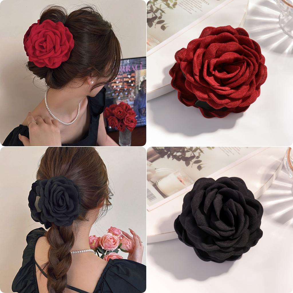 2/3 PCS New Solid Color Fabric Rose Flower Hair Claw for Women Girls Barrette Elegant Shark Clips Set Headwear Accessories Gifts