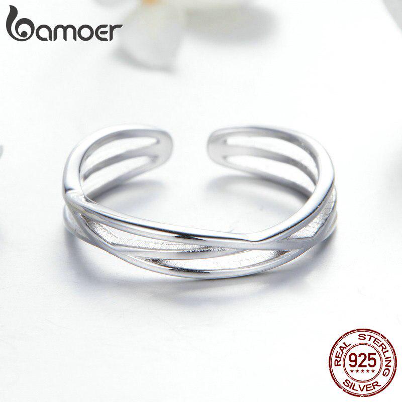 Bamoer Authentic 925 Sterling Silver Geometric Twisted Wave Open Size Finger Rings