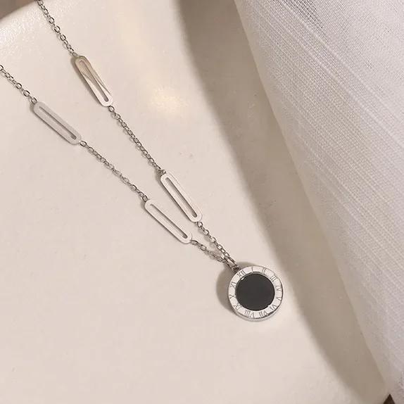 Gold Stainless Steel Roman Digital Wafer Pendant Necklace for Women Charm Chain of Clavicle Jewelry Accessory