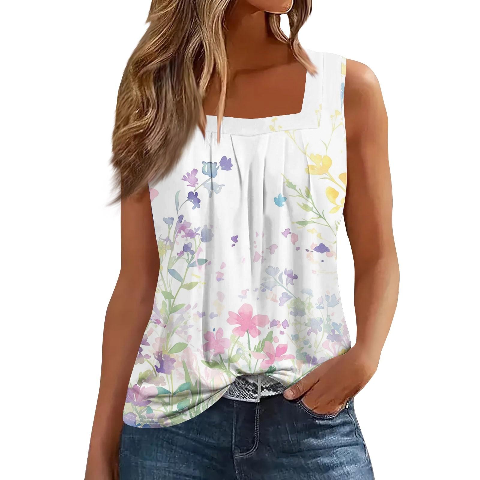 

Женская мода повседневная плиссированная жилетка без рукавов с квадратным воротником и принтом летняя футболка XL белый