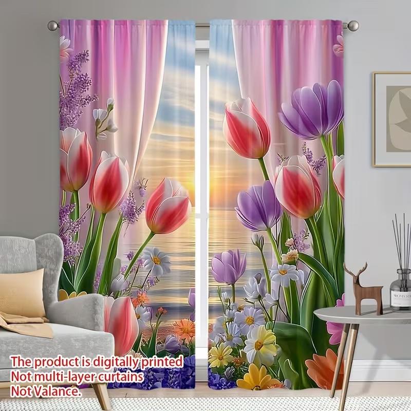 2 Pcs Colorful narcissus print curtains,suitable for bedroom,living room kitchen decoration,home decoration,window decoration