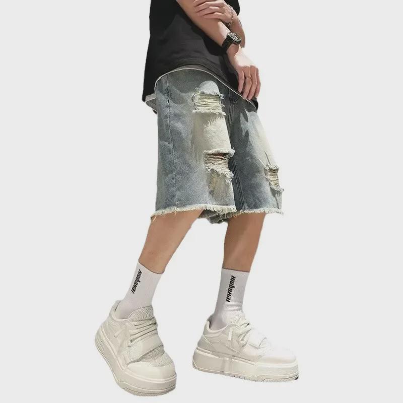 Pánské americké Retro Distressed Mid-Length Ripped Denim šortky na léto