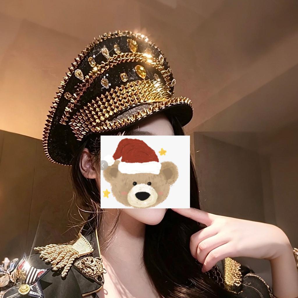 Cappello da Capitano Blu Navy Intarsiato di Strass, a Cilindro Piatto, con Ampia Visiera, per Cosplay e Fotografia