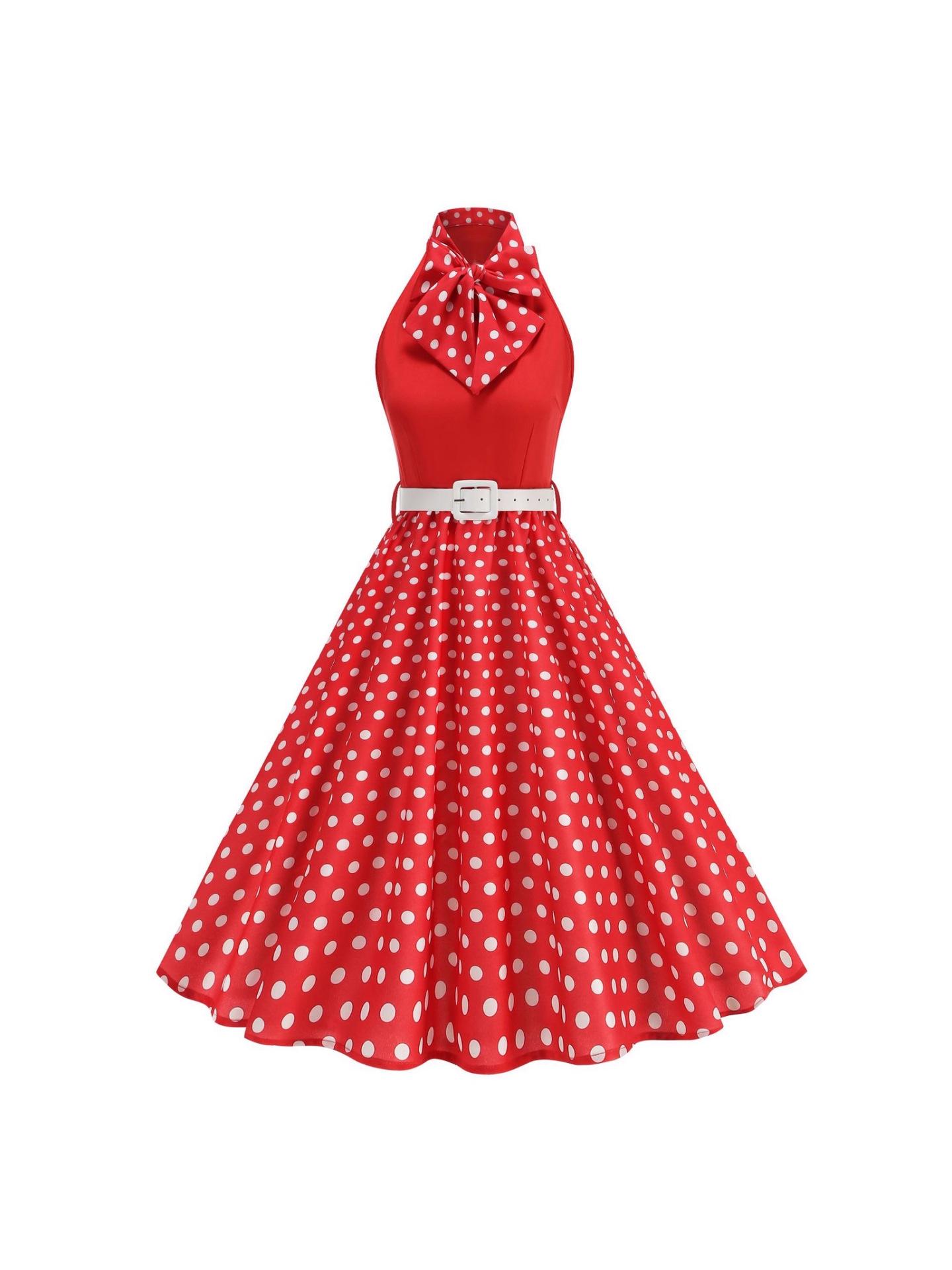 

Elegant Retro Hepburn Christmas Polka Dot Dress with Elastic Waistband S