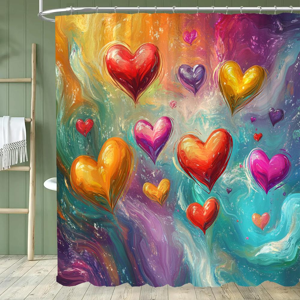 Modern Red Love Pattern Shower Curtain,Lover Printed Polyester Fabric Decorative Bathroom Curtain, Home Curtain with Hooks