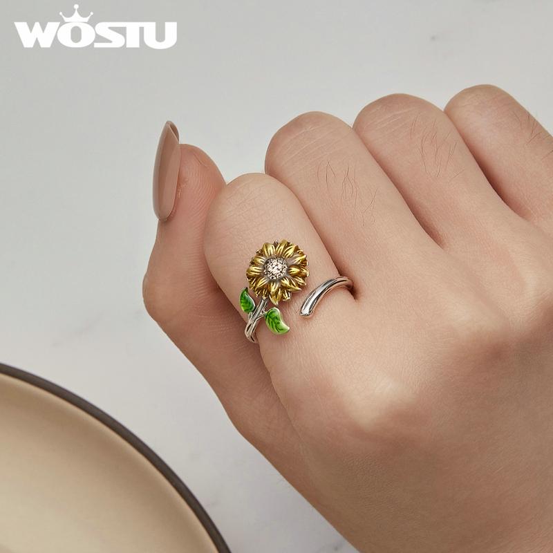 WOSTU Anéis clássicos de abertura de girassol para mulheres, prata esterlina 925, pintura a óleo, flor, zircônia, declaração, presente de festa