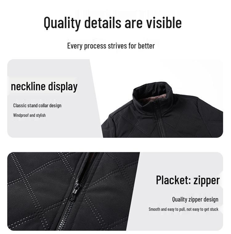 Men’s 2025 Winter Stand Collar Windproof Cotton Jacket - Thick Velvet, Middle-Aged Dad Style