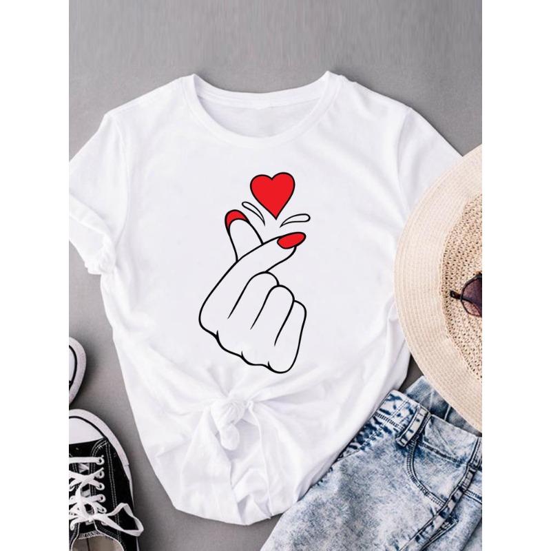 (European Size) Sweet Love Heart Women Tee Top Style Trend Cute Clothing Casual Short Sleeve Fashion Print Lady Tshirt Female Graphic T-shirts