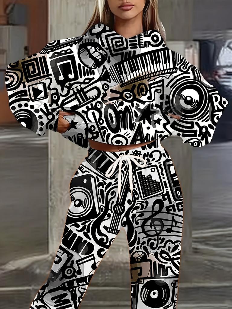 Europe and America 1116 New Fashion Casual Sports Hooded Flower Printed Sweater Set