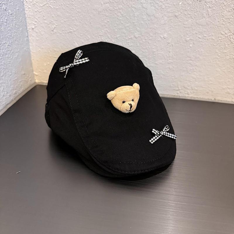Soft Girl Bear Beret Hat With Butterfly Bow Fashion Summer Casual For Women