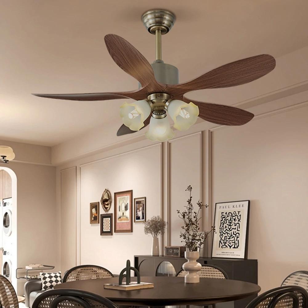 American Retro Fan Light 42 Inch 5-leaf Remote Control Glass Pendant Lamp Living Room Dining Room Hotel Silent Lighting Fixture