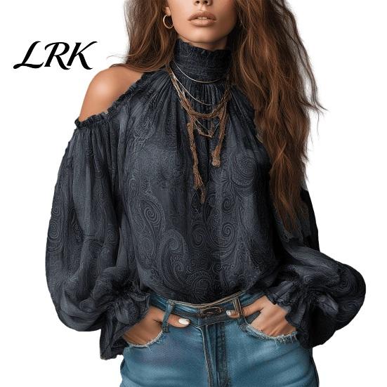 Fall Casual Shirts Women Cold Shoulder Shirt, Vintage Ethnic Print High Collar Blouse, Ruffle Lantern Sleeve Top Ladies S