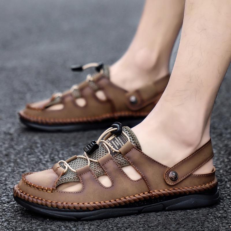 Nouvelles sandales d'été cousues à la main pour hommes, tête de sac de pied, pantoufles fraîches, décontractées, grande taille, populaires, demi-pantoufles