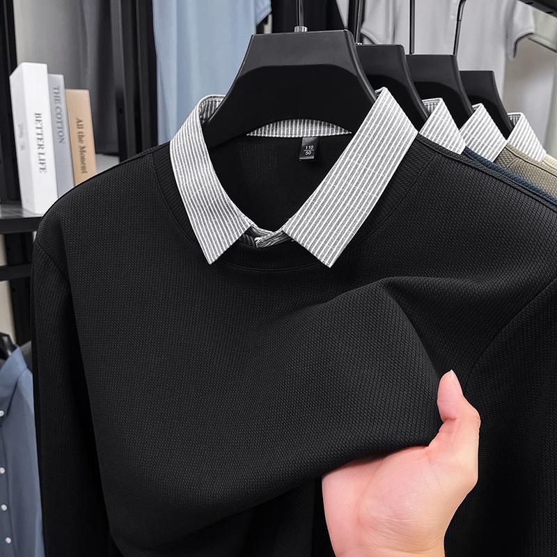 High End Quality Men'S Fake Two-Piece Solid Color Simple Comfortable Lapel T-Shirt Autumn New Versatile Casual Fashion Menswear