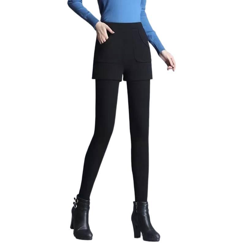 

Women s Autumn Winter Fleece Lined Thickened Warm Pants Fake Two-Piece Base Layer Long Pants with Pockets Boot Pants Plus Size Slim Fit 4XL чёрный
