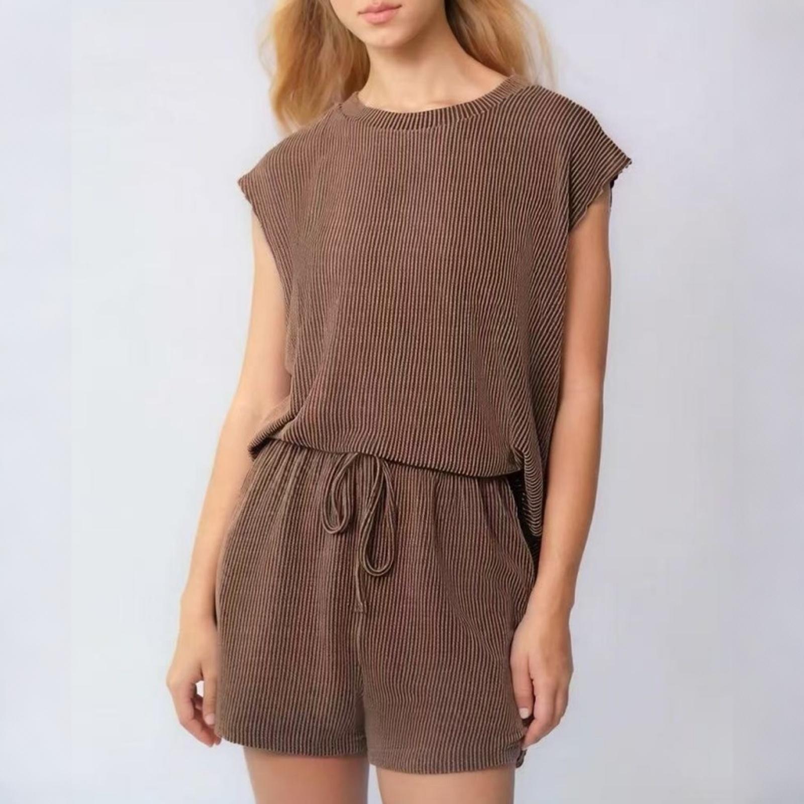 

Women Casual Two Piece Set Short Sleeve Top and Drawstring Shorts Lounge Outfit Loose Fit Textured Fabric Summer Sleepwear XL