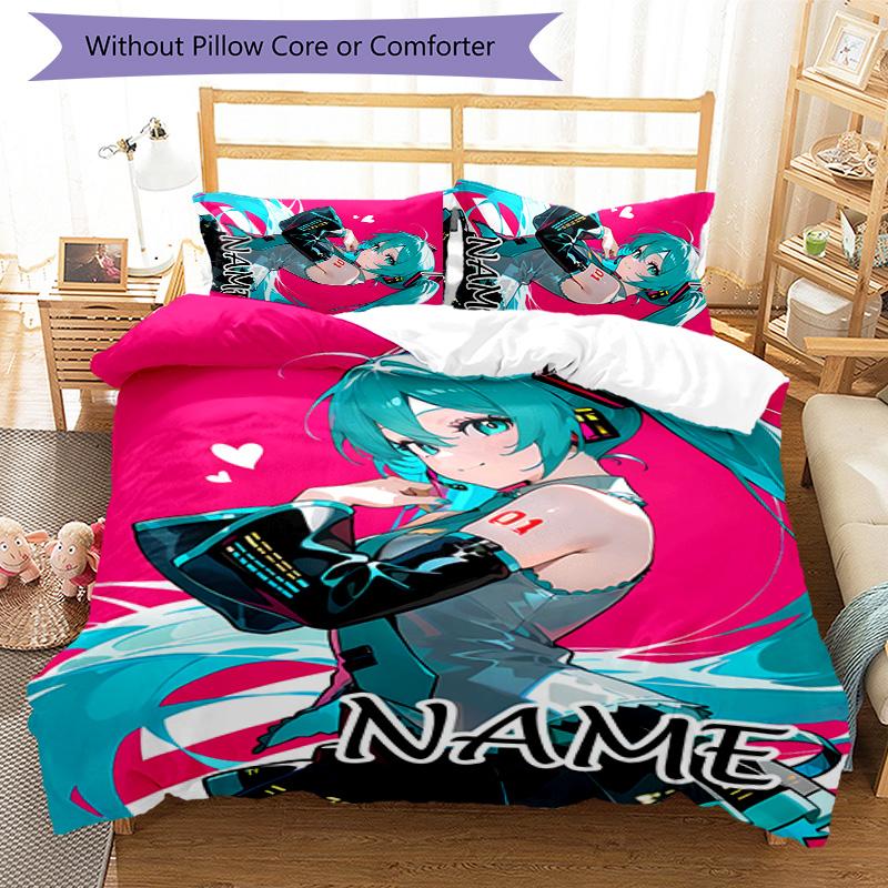Set Copripiumino Hatsune Miku 3 Pezzi - Nome Personalizzato, Biancheria da Letto Stampata HD con 1 Copripiumino e 2 Federe - Perfetto per l'Arredamento della Casa, Facile da Curare