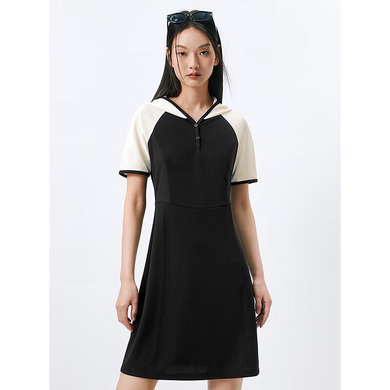 

PEACEBIRD Women s Contrast Hooded Waist-Cinching Short Dress L