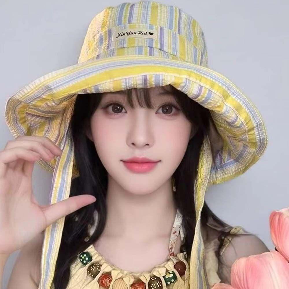 Contrasting Color Wide-edged Sun Hat Lace-up Wide Brim Fisherman Hat  Summer