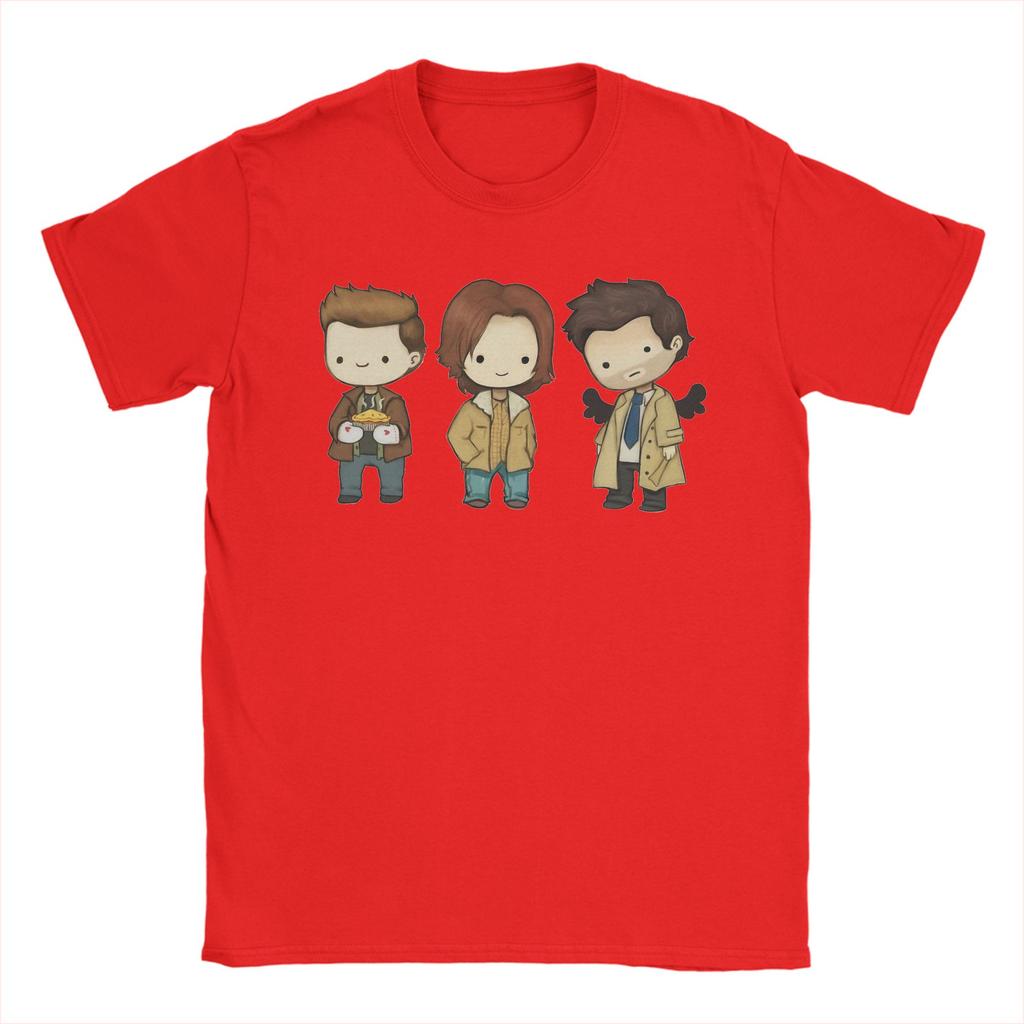 Humor Sam Dean Castiel Supernatural Chibi TShirt Men Round Neck Pure Cotton T Shirts TV Shows Short Sleeve Tees Gift Tops