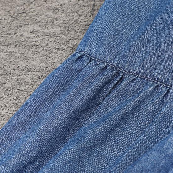 Women Denim Dress Short Sleeve Single-breasted Turn Down Collar Pockets Loose Maxi