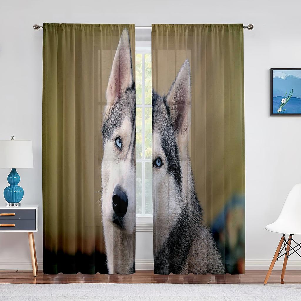 Winter Snow Husky Dog Cute Animal Puppy Sheer Voile Curtains for Living Room Bedroom Kitchen Decor Chiffon Tulle Window Curtains
