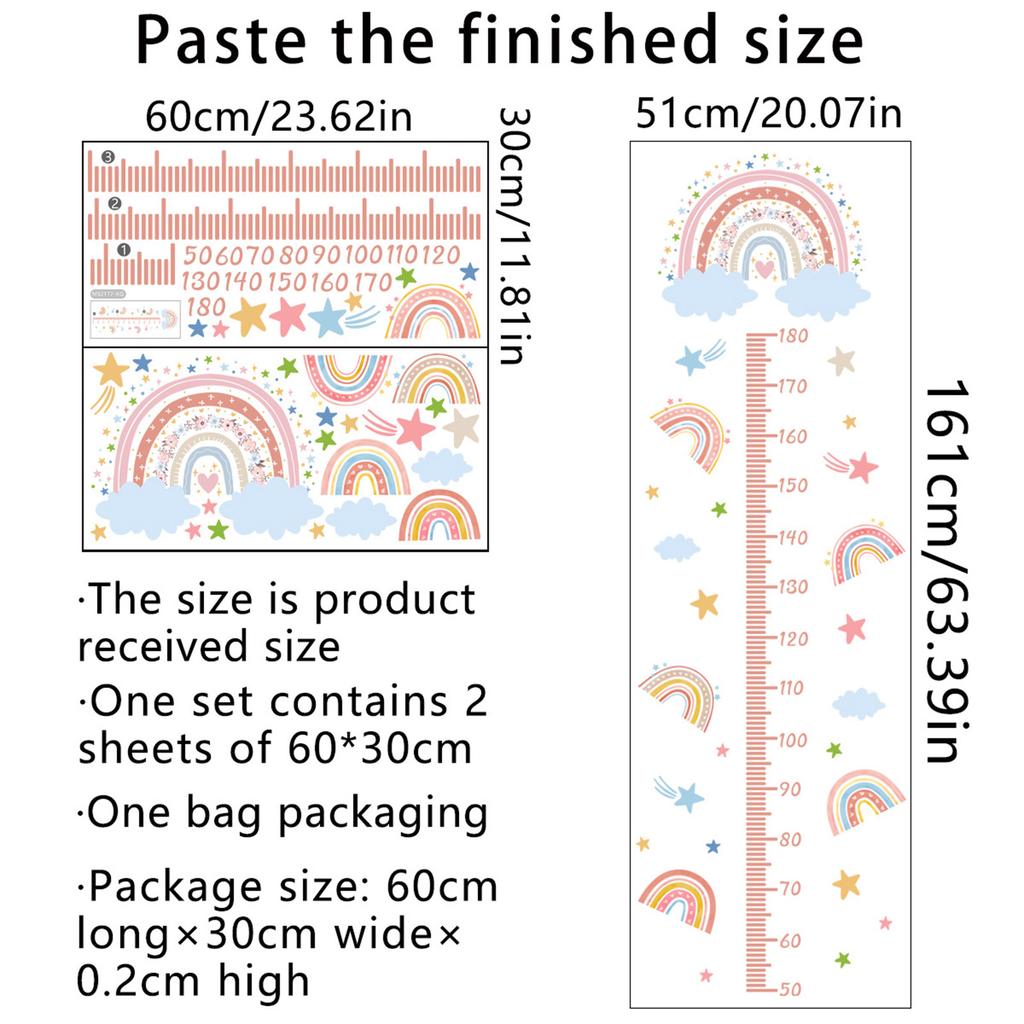 Children Room Decorative Rainbow Growth Chart Self Adhesive Height Measurement Ruler Wall Sticker Decal Set Decoration