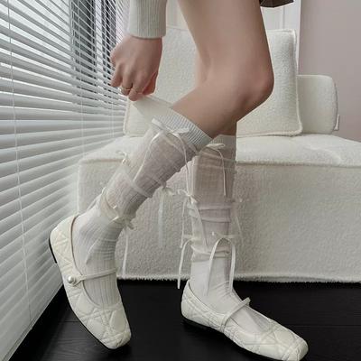 Women Stockings Ballet Style Bandage Bow Knee High Socks Thigh High Stockings Women JK Lolita Kawaii Long Socks Thigh High Socks