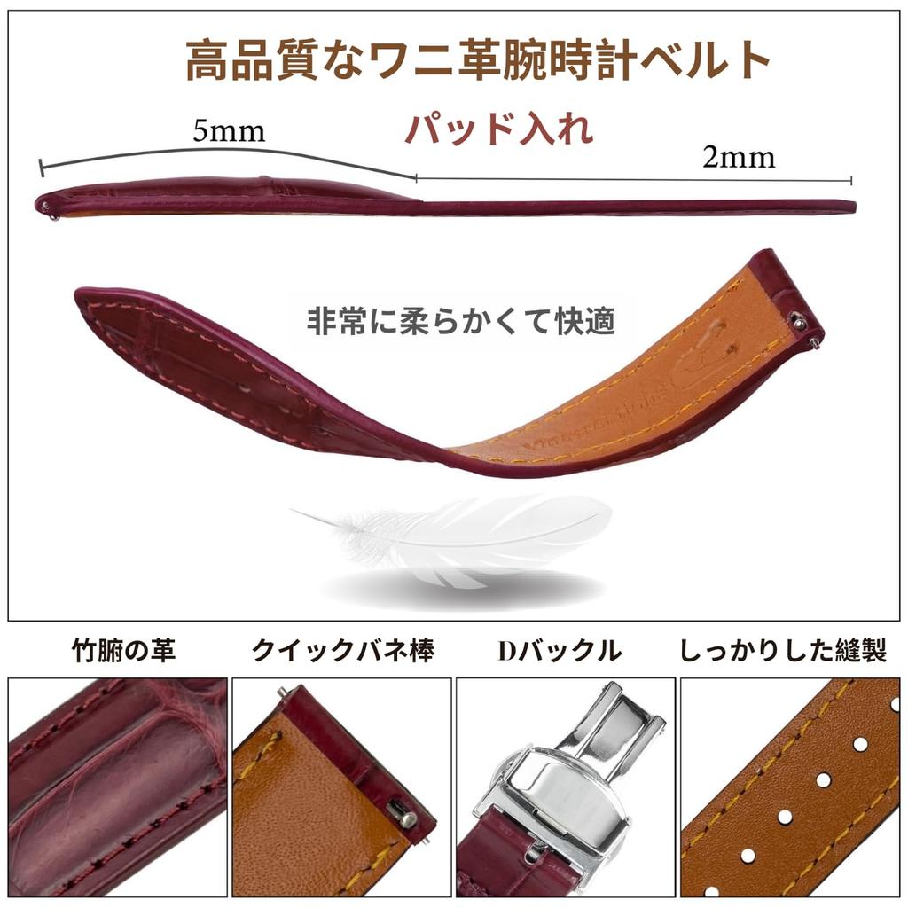Vinacreations 20mm Wine Red Crocodile Watch Strap with Alligator Replacement Watch Band with Quick Release Spring Silver Wrist Handmade for Men