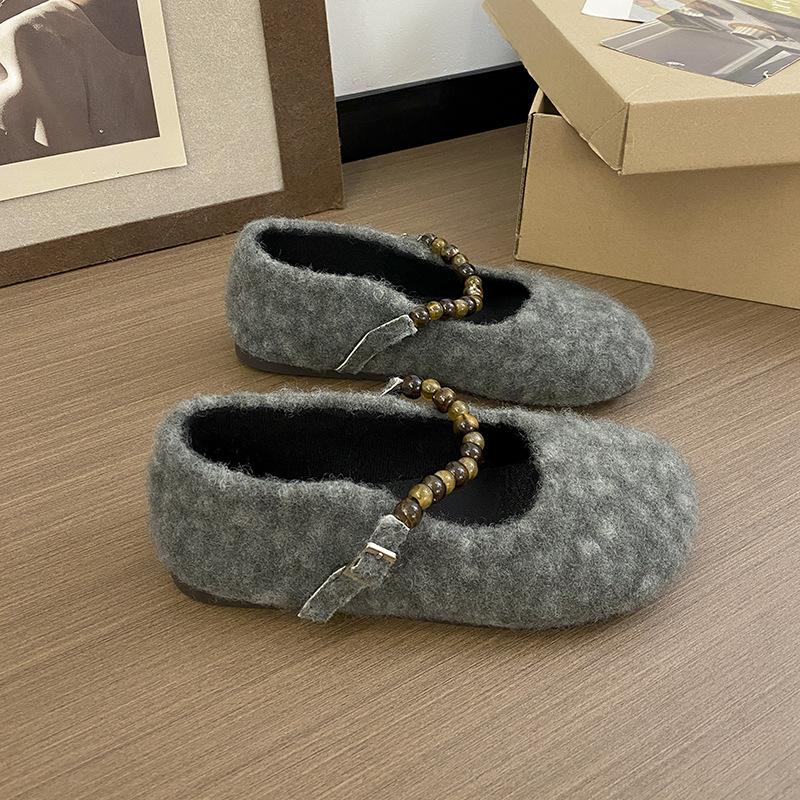 French Flat-bottomed Fairy Wind Lamb Wool Round Head Pearl Word with Fluffy Shoes Women Wear Autumn and Winter New Cotton Single Shoes