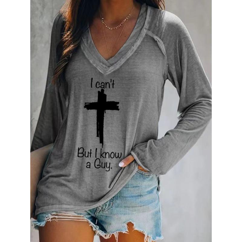 Casual Loose Women's Faith Print Long Sleeve V Neck T-Shirt, Fall Winter Religious Graphic Daily Top