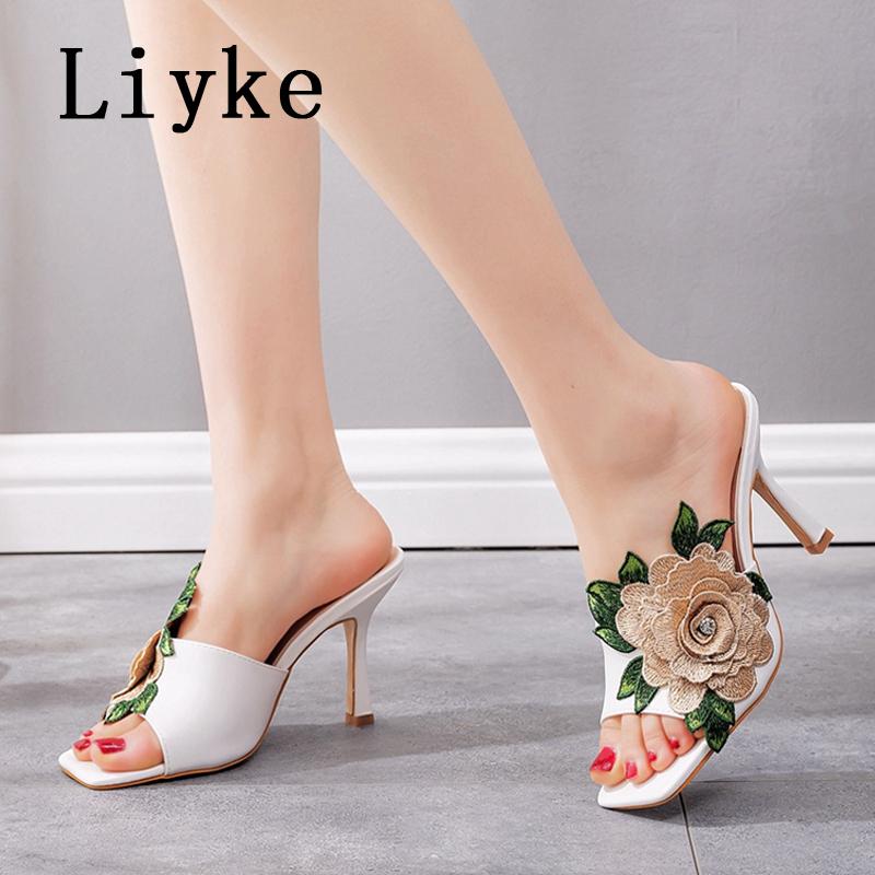 Fashion Liyke Fashion Design Embroidery Flower Women's Thin High Heels Slippers Sandals Street Sexy Square Toe Summer Party Dress Shoes
