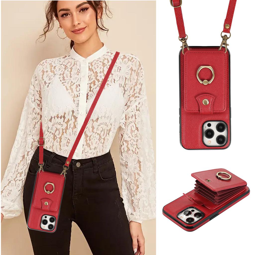Crossbody Cards Solt Wallet Leather Case For iPhone 16 Pro Max 15 Plus 14 13 12 11 16e Ring Holder Kickstand Package Bag Cover