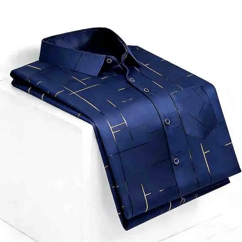 Мужская приталенная рубашка 2026 с коротким рукавом, минималистичный геометрический полосатый дизайн, для делового и повседневного стиля M темно-синий