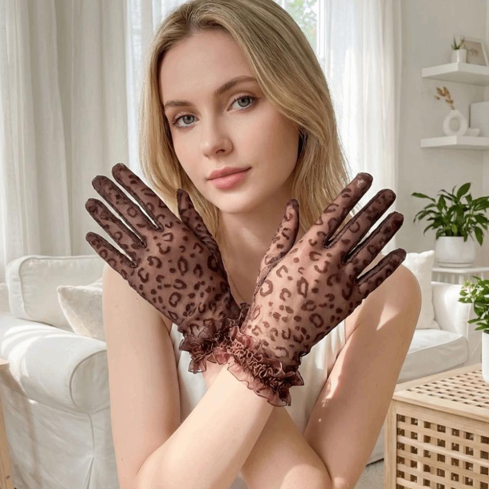 Leopard Print Women's Summer Gloves Breathable Thin Lace Gloves 5 Fingers Sun Protection Party Gloves Spring Summer Outdoor