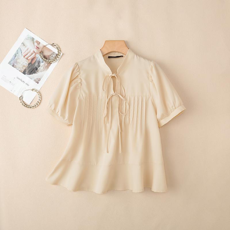 ZANZEA Women Lace Up V-Neck Solid Color Casual Short Sleeve Blouse M абрикосовый