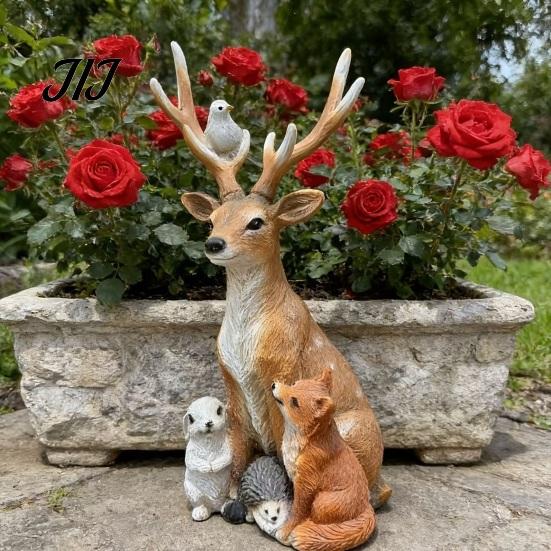 Lebensechte Harz-Wildtierstatuen Waldhirsch Kleintierstatue, Elchfigur mit Kaninchen Igel Fuchs Figuren Igel, Wasserdicht für Außenbereich