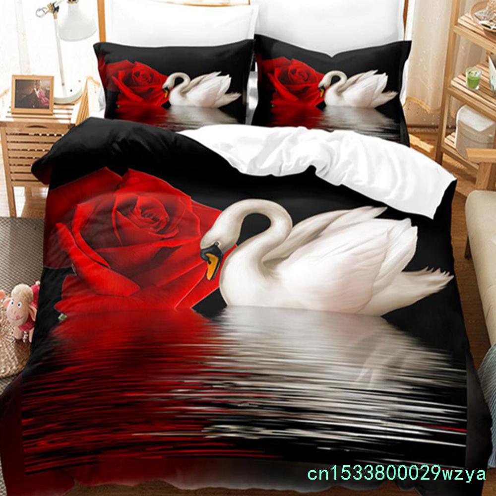 Swan Rose Queen Bedding Set Duvet Cover Set Bedding Digital Printing Bed Linen King Size Duvet Cover Set Bedding Set